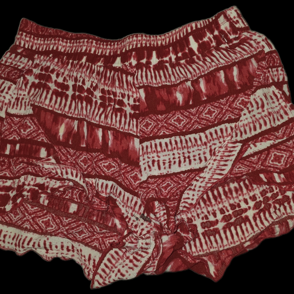 Red and White Patterned Boho Shorts With Ruffle Legs
